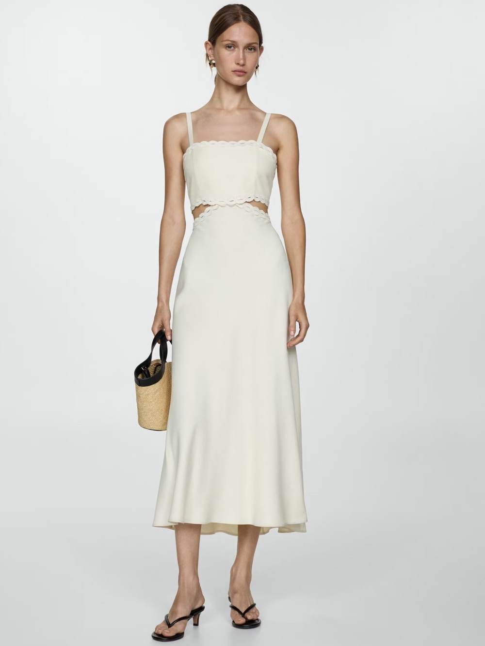 Mango Scallop Trim Ivory Cutout Midi Dress